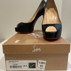 Christian Louboutin Vendome 120 Black Leather Peep Toe Heels - Size 36.5